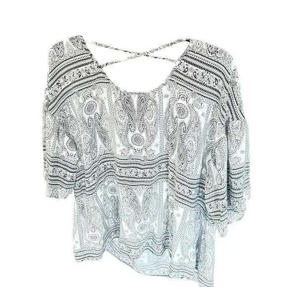 Black Rainn 2XL Boho Blouse Black & White W/Criss Cross Back Angel Wing Arm - Picture 2 of 15